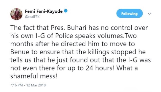 You are currently viewing That Buhari has no control over his own IGP speaks volumes’ – Fani Kayode Tweets